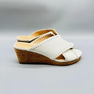 Jack Rogers Sandals Women 7.5 White Leather Wedge Heels Cork Mule Classic Slide